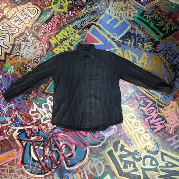 Y2k Marc Ecko no. 72 Times Square New York button - black pinstripe long sleeve - Picture 1 of 11